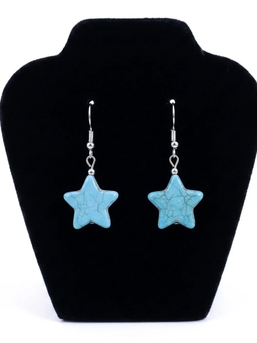 New Handmade S925 Sterling Silver Boheme Natural Turquoise Carved Star Earrings